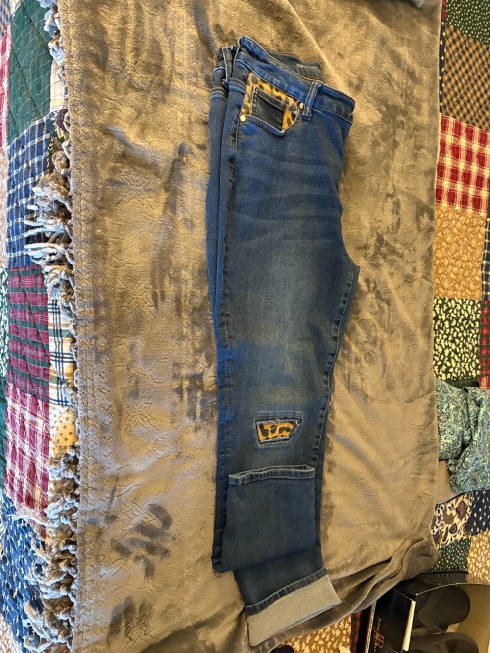 Chico's Blue Denim Boyfriend Jeans with Leopard Trim
